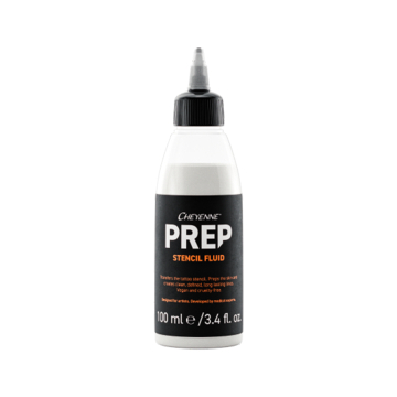 Cheyenne Prep Stencil Fluid 100 ml bottle for tattoo stencil transfer and skin preparation.