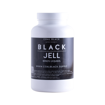 White container of Coal Black Black Jell tattoo product binds liquids 300 grams