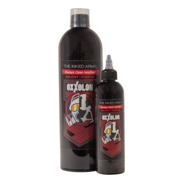 The Inked Army Oxxolon Tattoo Needle Cleaner solvent and purifier bottles