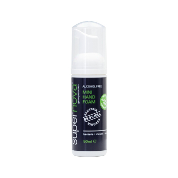 Supernova foaming mini hand sanitiser bottle 50ml alcohol free label