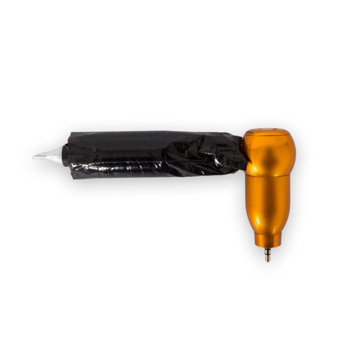 Tattoo machine with black Killer Ink Line Barrier Grip Sleeve on grip.
