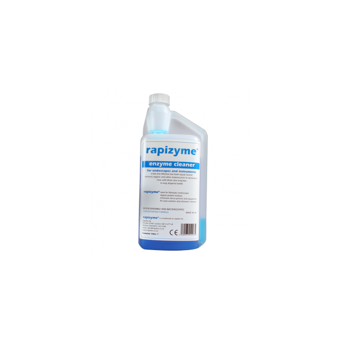 Rapizyme 1 litre enzyme cleaner bottle for endoscopes and instruments with dosing cup attached.