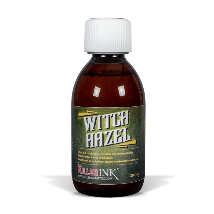 200ml amber bottle of distilled witch hazel with white cap and green label