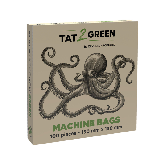 Une boîte beige étiquetée « Boîte de 100 Tat2Green - Sacs de Protection pour Machines Noirs - 130 mm x 130 mm », ornée d’une illustration de pieuvre noire. La face avant porte la mention « BLACK IS THE NEW GREEN » et contient 100 sacs de protection pour m