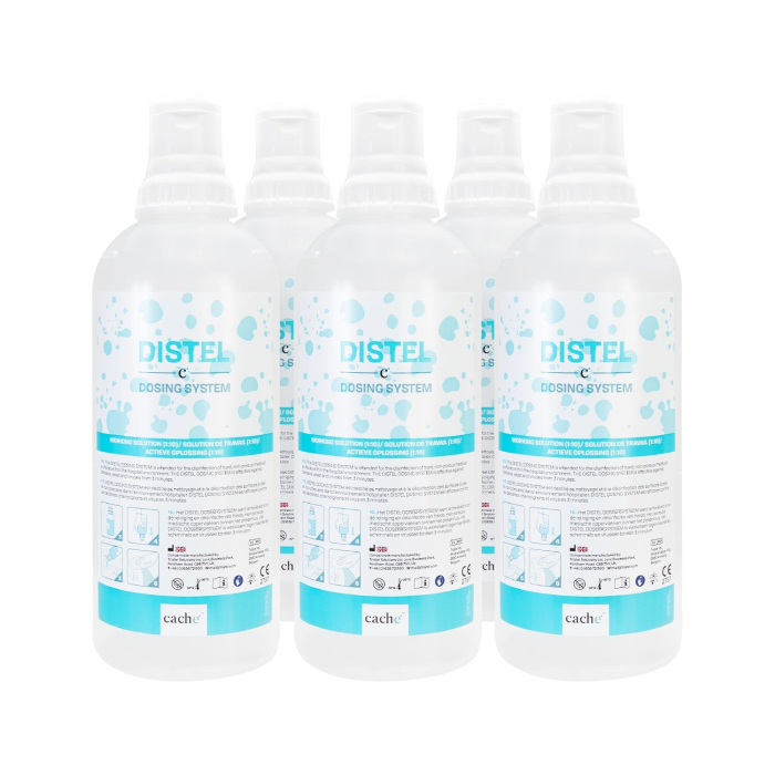 Six bouteilles vides du Système de Dosage Distel, transparentes (1 L chacune), sont présentées en deux rangées sur fond blanc, avec des étiquettes bleues et des instructions visibles.